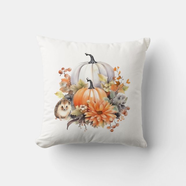 Fall Pumpkin Bauernhaus mit gemütlichem Igel Kissen (Vorderseite)