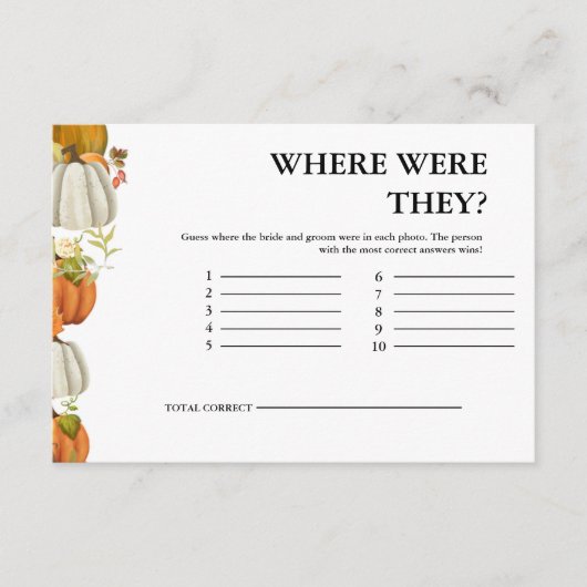 Fall Pumpkin Blätter, wo sie waren Bridal Game Begleitkarte (Vorderseite)