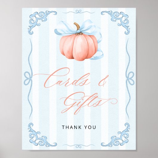 Fall Pumpkin Blue Bow Cards und Geschenke Poster (Vorne)