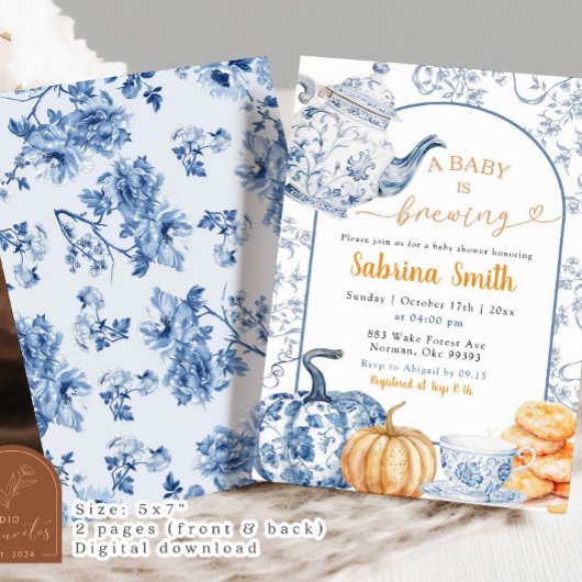 Fall Pumpkin Blue Chinoiserie Baby wird brauen Einladung