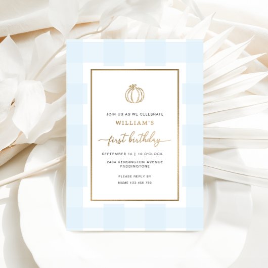 Fall Pumpkin Blue Gingham Birthday Foil Einladung