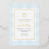 Fall Pumpkin Blue Gingham Birthday Foil Einladung (Vorderseite)