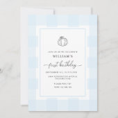 Fall Pumpkin Blue Gingham Einladung zum 1. Geburts (Vorderseite)