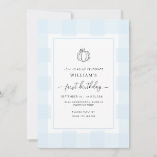 Fall Pumpkin Blue Gingham Einladung zum 1. Geburts