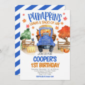 Fall Pumpkin Blue Tractor Boys Birthday Einladung (Vorne/Hinten)