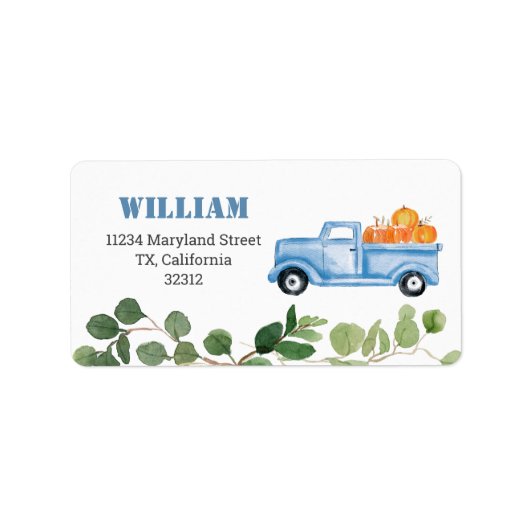 Fall Pumpkin Blue Truck Address Label Adressaufkleber (Vorne)