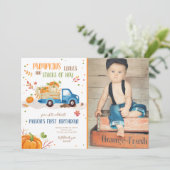 Fall Pumpkin Blue Truck Orange Green Boy Geburtsta Einladung (Stehend Vorderseite)
