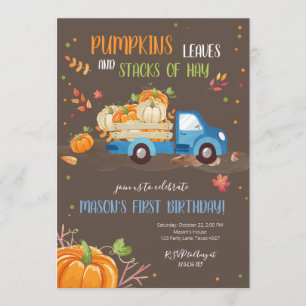 Fall Pumpkin Blue Truck Orange Green Boy Geburtsta Einladung