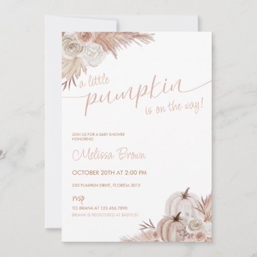Fall Pumpkin Boho Pampas Baby Dusche Einladung (Vorderseite)
