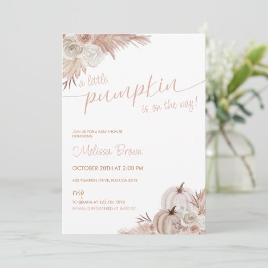 Fall Pumpkin Boho Pampas Baby Dusche Einladung (Stehend Vorderseite)