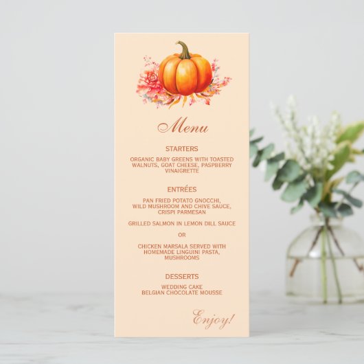 Fall Pumpkin Botanical Wedding Flat Menü Menükarte (Stehend Vorderseite)
