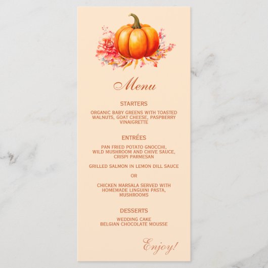 Fall Pumpkin Botanical Wedding Flat Menü Menükarte (Vorderseite)