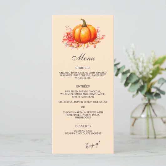 Fall Pumpkin Botanical Wedding Flat Menü Menükarte (Stehend Vorderseite)