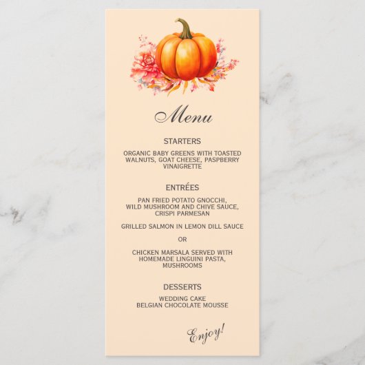Fall Pumpkin Botanical Wedding Flat Menü Menükarte (Vorderseite)