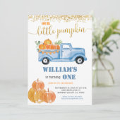 Fall Pumpkin Boy Erster kleiner blauer Lastwagen G Einladung (Stehend Vorderseite)