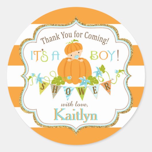 Fall Pumpkin Boy Gold Glitzer Kinderdusche Runder Aufkleber (Vorderseite)