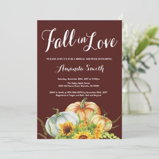 Fall Pumpkin Bridal Dusche Einladung (Stehend Vorderseite)
