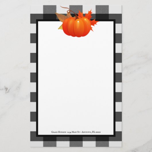Fall Pumpkin Buffalo Karierte Personalisierte Stat Briefpapier (Vorderseite)