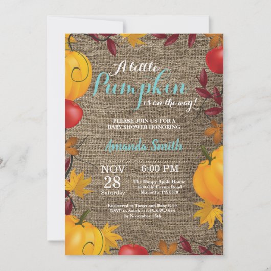 Fall Pumpkin Burlap Aqua Baby Dusche Einladung (Vorderseite)
