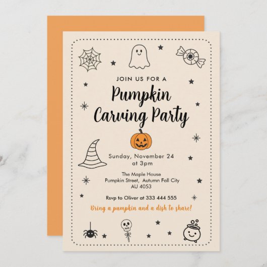 Fall Pumpkin Carving Party Halloween Doodles Einladung (Vorne/Hinten)