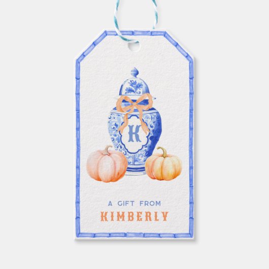 Fall Pumpkin | Chinoiserie Ginger Jar Monogram Geschenkanhänger (Vorderseite)