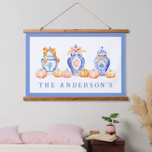 Fall Pumpkin Chinoiserie Ginger Jar Wandteppich Mit Holzrahmen (Schlafzimmer)