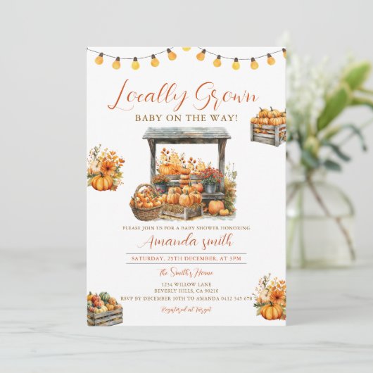 Fall Pumpkin Cute Locally Grown Market Baby Shower Einladung (Stehend Vorderseite)