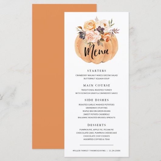 Fall Pumpkin Erntedank Dinner Menü Menükarte (Vorne/Hinten)