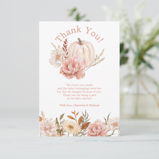 Fall Pumpkin Floral Baby Dusche Danke Karte (Stehend Vorderseite)