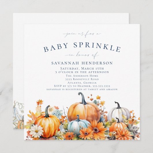 Fall Pumpkin Floral Baby Dusche Sprinkle Einladung (Vorne/Hinten)