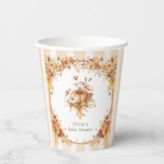 Fall Pumpkin Floral Bow Baby Shower Pappbecher (Vorderseite)