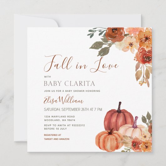 Fall Pumpkin Floral Fall in Liebe Babydusche Einladung (Vorderseite)