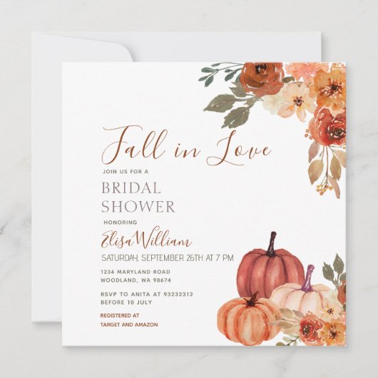 Fall Pumpkin Floral Fall in Liebe Brautparty Einladung (Vorderseite)