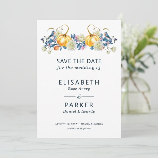 Fall Pumpkin Floral Wedding Save The Date (Stehend Vorderseite)