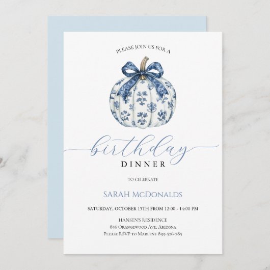 Fall Pumpkin Frau Geburtstagsessen Einladung (Vorne/Hinten)