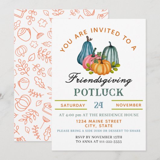 Fall Pumpkin Friendsgiving Potluck Einladung (Vorne/Hinten)