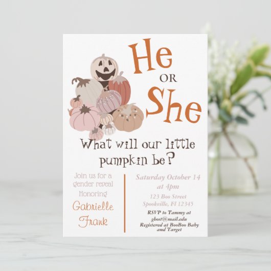 Fall Pumpkin Gender offenbaren Einladung (Stehend Vorderseite)