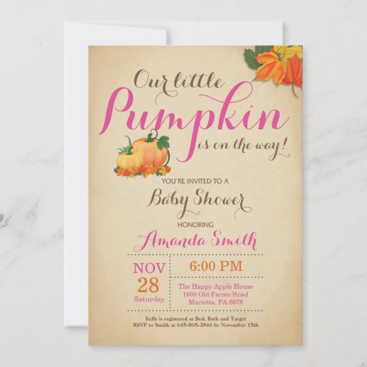 Fall Pumpkin Girl Babydusche Einladung (Vorderseite)
