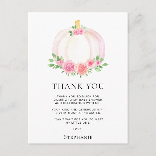 Fall Pumpkin Girl's Baby Shower Danke Postkarte (Vorderseite)