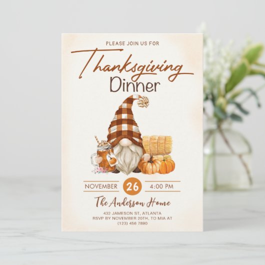 Fall Pumpkin Gnomes Erntedank Dinner Einladung (Stehend Vorderseite)