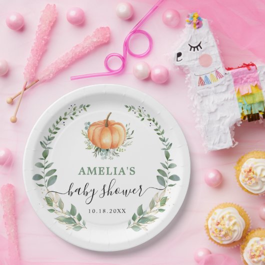Fall Pumpkin Greenery Gold Foliage Baby Shower Pappteller (Party)