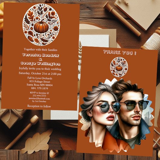 Fall Pumpkin Groovy Boho Rusty Brown Oval Wedding Einladung