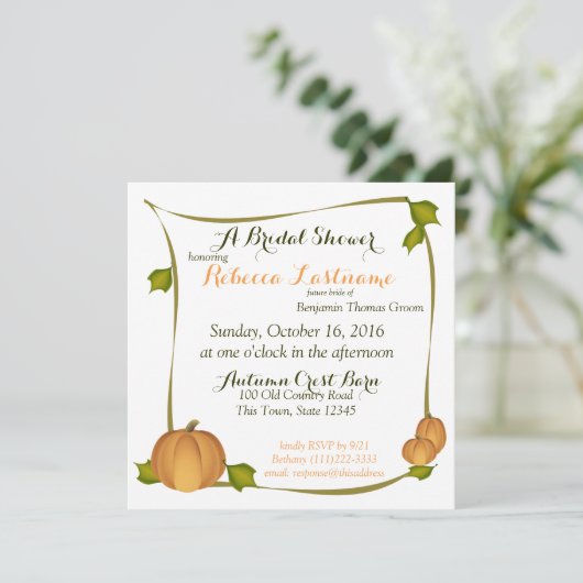Fall Pumpkin Harvest Brautparty Einladung (Stehend Vorderseite)