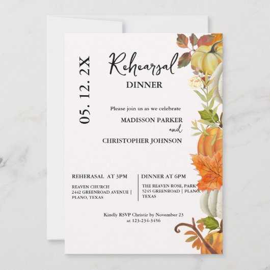 Fall Pumpkin Hochzeit Probe Dinner Einladung (Vorderseite)