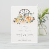 Fall Pumpkin Leafy Floral Save the Date einladen Dankeskarte (Stehend Vorderseite)