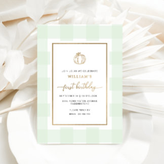 Fall Pumpkin Mint Gingham Birthday Foil Einladung