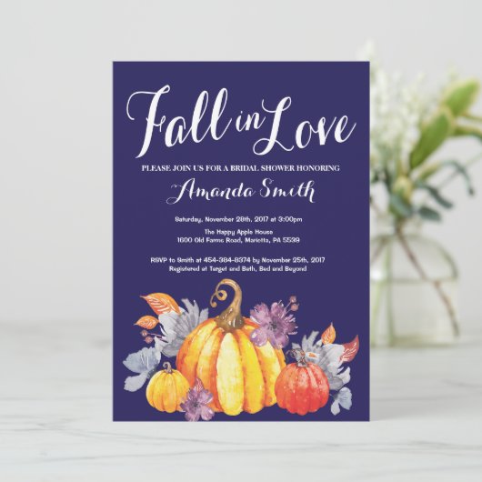Fall Pumpkin Navy Blue Bridal Dusche Einladung (Stehend Vorderseite)