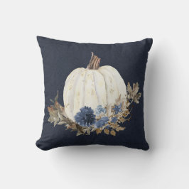 Fall Pumpkin Navy Blue Watercolor Floral Foliage Kissen