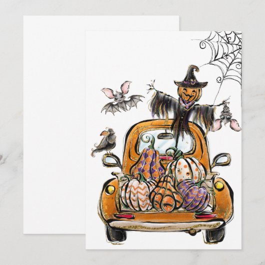 Fall Pumpkin Patch Truck mit Fledermausvogel  Einladung (Vorne/Hinten)