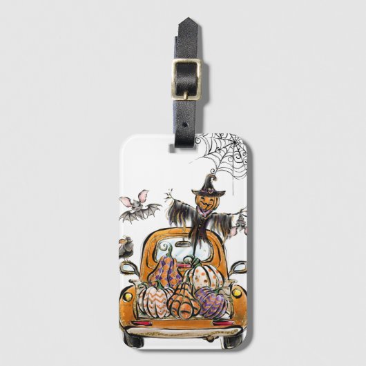 Fall Pumpkin Patch Truck mit Fledermausvogel Gepäckanhänger (Vorderseite Vertikal)